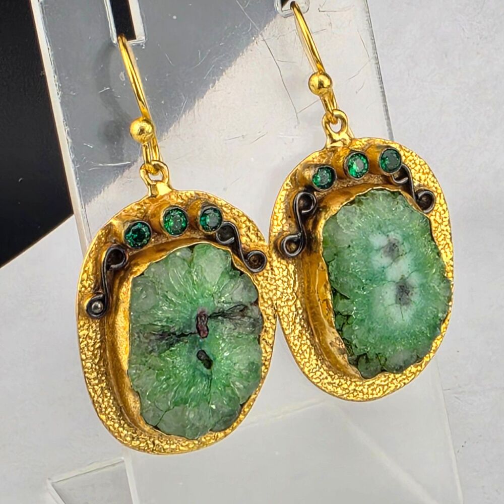 Green Shimmering Solar Quartz Geode Slice Dangle Earrings Gold Plated